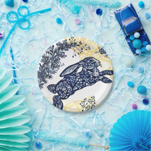 Osterblau Weißes Gelbkaninchen Asiatische Chinoise Pappteller (Party)