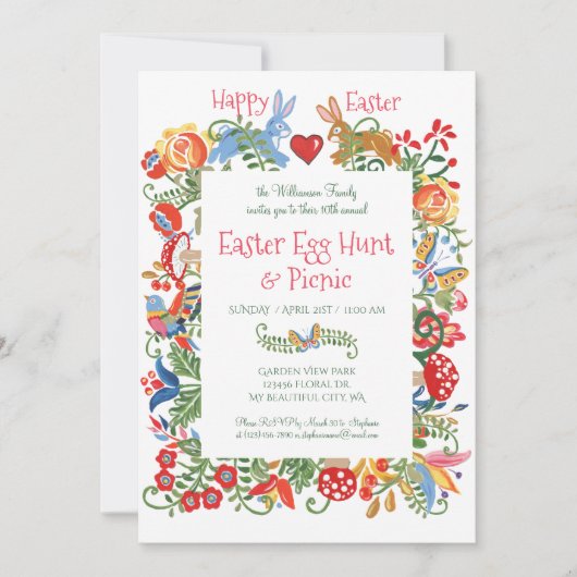 Osterblauer Volkskunst Bunny Rabbit Gingham Egg Hu Einladung (Vorderseite)