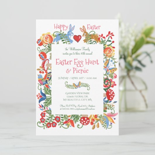 Osterblauer Volkskunst Bunny Rabbit Gingham Egg Hu Einladung (Stehend Vorderseite)