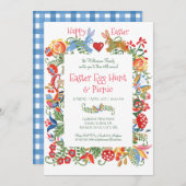 Osterblauer Volkskunst Bunny Rabbit Gingham Egg Hu Einladung (Vorne/Hinten)