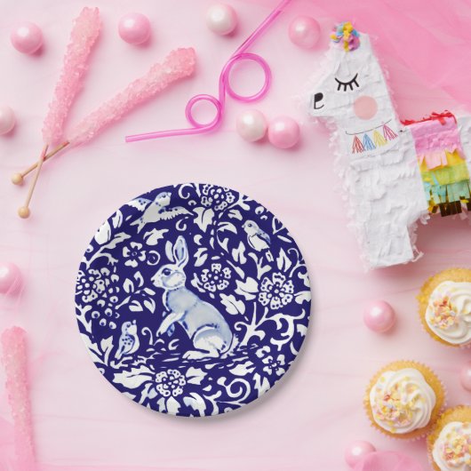 Osterblaues Weißes Kaninchen Stehend Bunny Delft Pappteller (Party)