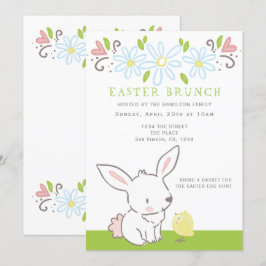 Osterbrunch Bunny und Chick mit Frühlingsblumen Einladung