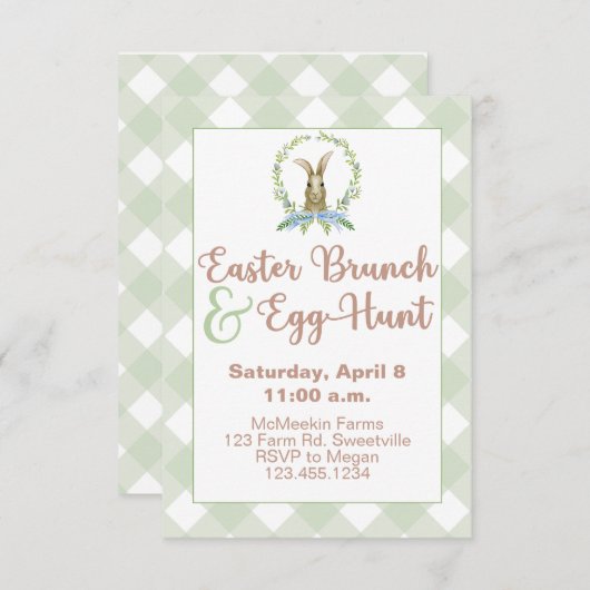 Osterbrunch & Egg Hunt Rabbit Einladung Gingham (Vorne/Hinten)