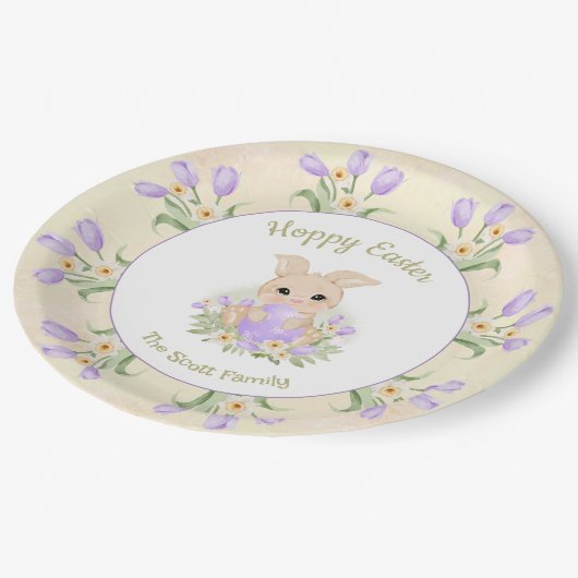 Osterbrunch Ei Hunt Gelbe Lila Name Pappteller (Schrägansicht)