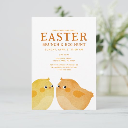 Osterbrunch & Eierjagd mit zwei kleinen Hühnern Einladung (Stehend Vorderseite)