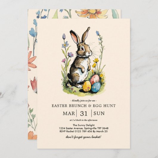Osterbrunch & Eierjagd | Wildblume Bunny Einladung (Vorne/Hinten)