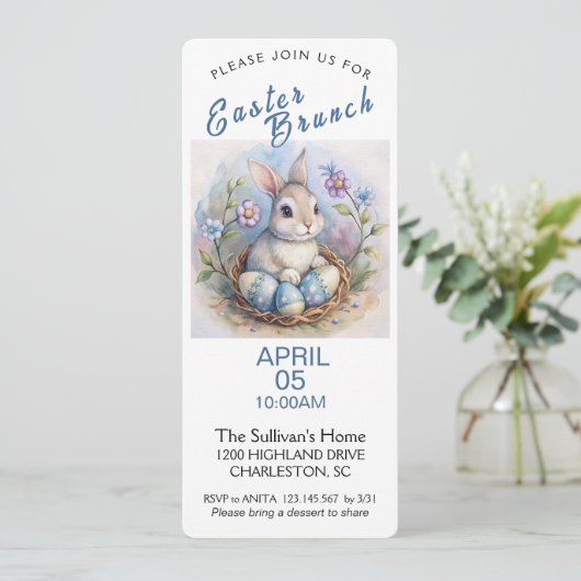 Osterbrunch Einladung mit Osterhasen. (Stehend Vorderseite)