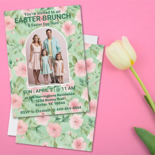 Osterbrunch Foto Pastell Pink & Green Florals Einladung