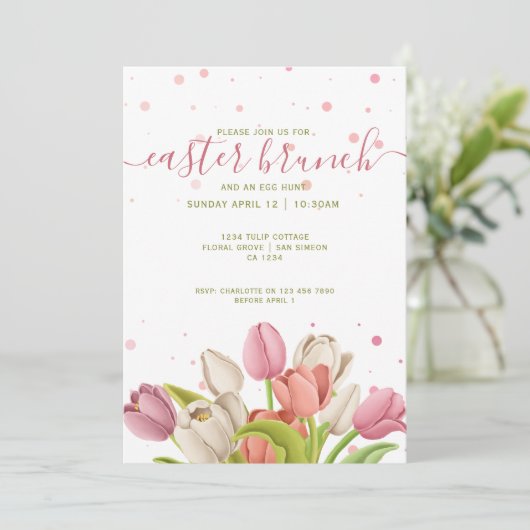 Osterbrunch Pink White Tulips Frühlingsblumen Einladung (Stehend Vorderseite)