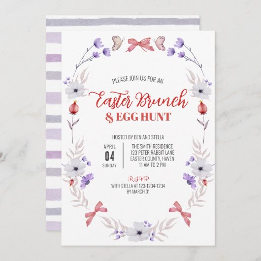 Osterbrunch und Eierjagd, Lila Weiße Blüte Einladung (Vorne/Hinten)