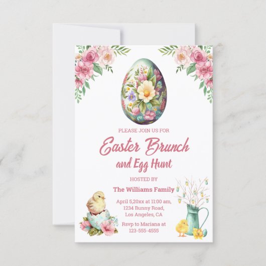 Osterbrunch und Eierjagd, rosa Blumenhühner Einladung (Vorderseite)