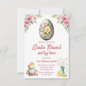 Osterbrunch und Eierjagd, rosa Blumenhühner Einladung (Vorderseite)