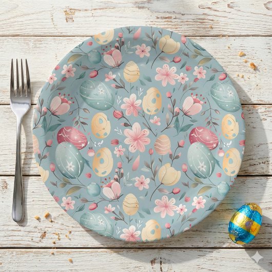 Osterdekoration in Pastellfarben Pappteller
