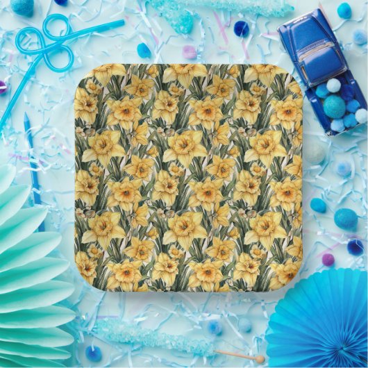 Osterdussel Gelbe Blüten Wasserfarben Muster Pappteller (Party)