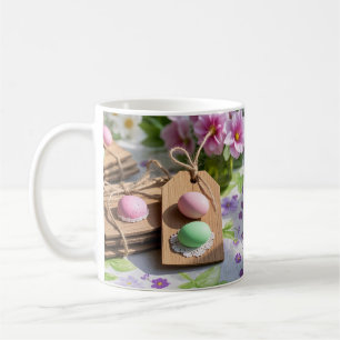 Ostereier auf Gartentisch Kaffeetasse