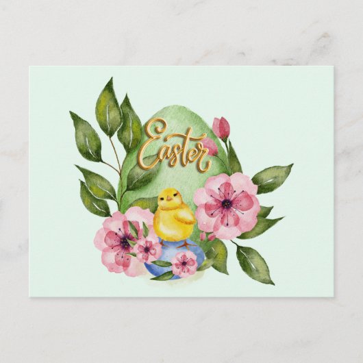 Ostereier, Baby Chick, rosa Frühlingsblumen Postkarte (Vorderseite)