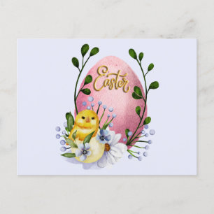 Ostereier, Baby Chick und Frühlingsblumen Postkarte