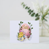 Ostereier, Baby Chick und Frühlingsblumen Postkarte (Stehend Vorderseite)