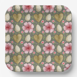 Ostereier Blume und Holzherzen Pappteller