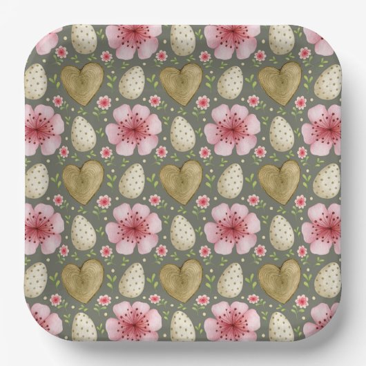 Ostereier Blume und Holzherzen Pappteller (Vorderseite)