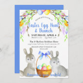 Ostereier, Bunnies, Frühlingsblumen Blauer Brunch Einladung (Vorne/Hinten)