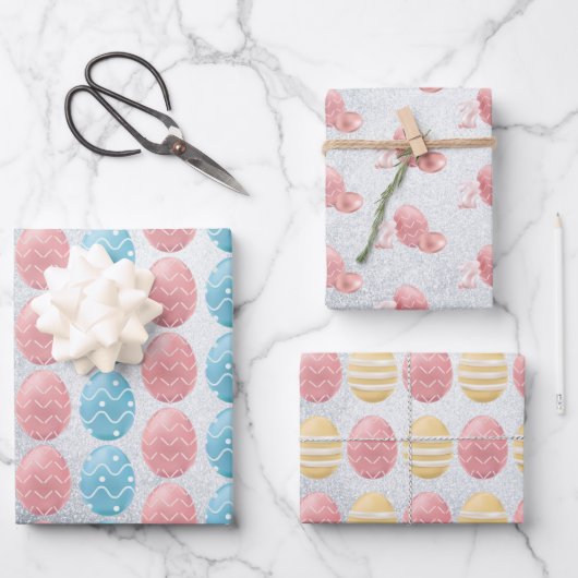 Ostereier Bunny Silver Glitzer Elegante Moderne Geschenkpapier Set (Vorderseite)