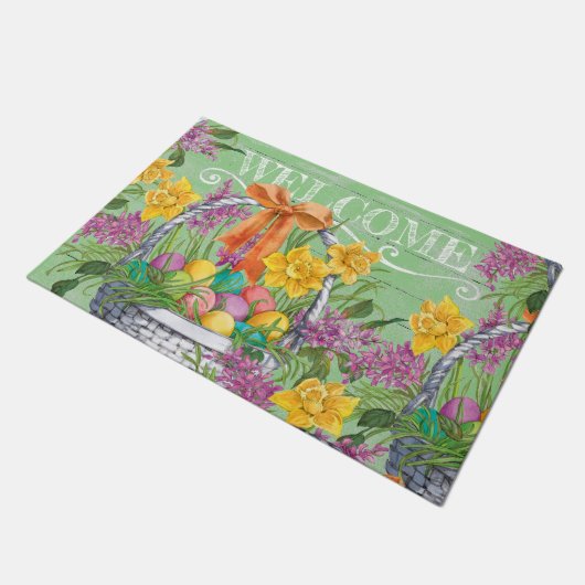 Ostereier Gelber Lila Blumenkorb Begrüßung Fußmatte (Schrägansicht)