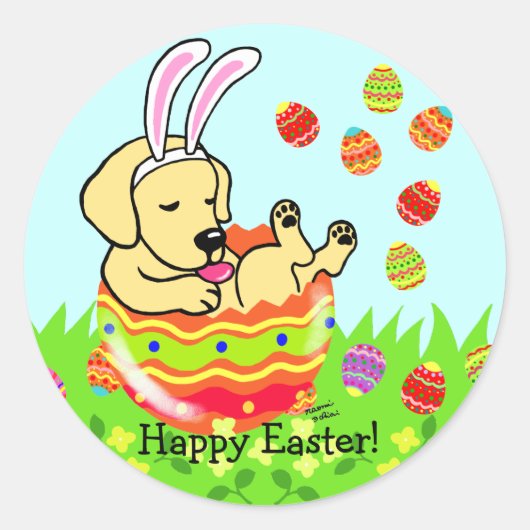 Ostereier Gelbes Labrador Welpe Cartoon Runder Aufkleber (Vorderseite)