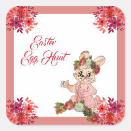 Ostereier Jagd Bunny Floral Crown Rose Wasserfarbe Quadratischer Aufkleber