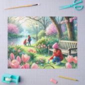 Ostereier jagen Kinder und rosa Tulpen Seidenpapier (Basteln)
