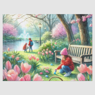 Ostereier jagen Kinder und rosa Tulpen Seidenpapier