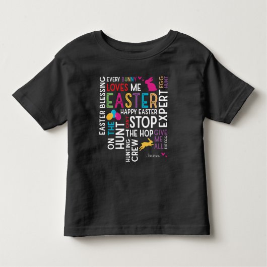 Ostereier jagen Word Cloud mit Kid Name Black Kleinkind T-shirt (Vorderseite)