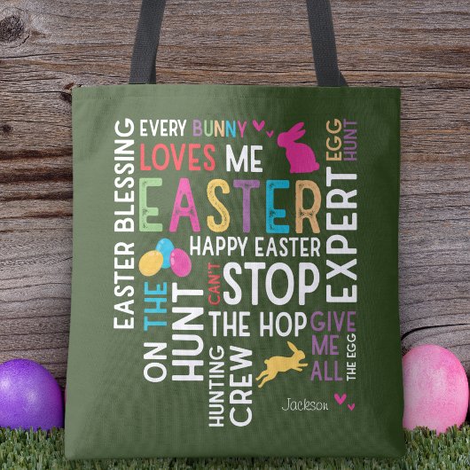 Ostereier jagen Word Cloud w Kid Name Jahr Grün Tasche