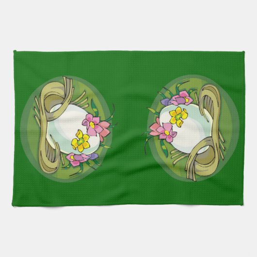 Ostereier mit Frühlingsblumen grün Geschirrtuch (Horizontal)
