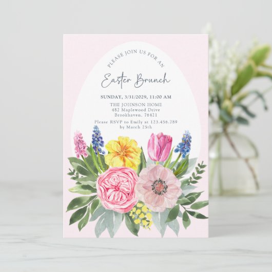 Ostereier, Rosa, Blumenbrunch Einladung (Stehend Vorderseite)