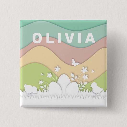 Ostereier und Küken in Pastellfrühlingshöhe Button (Vorderseite)