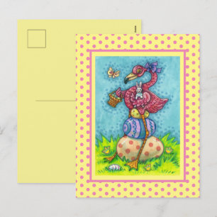 OSTEREIER UND NIEDLICHER BABYPINK FLAMINGO MIT BUN FEIERTAGSPOSTKARTE