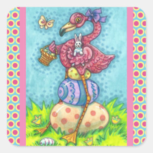 OSTEREIER UND NIEDLICHER BABYPINK FLAMINGO MIT BUN QUADRATISCHER AUFKLEBER