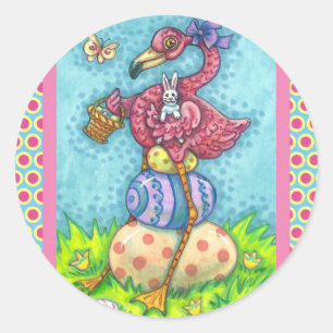 OSTEREIER UND NIEDLICHER BABYPINK FLAMINGO MIT BUN RUNDER AUFKLEBER