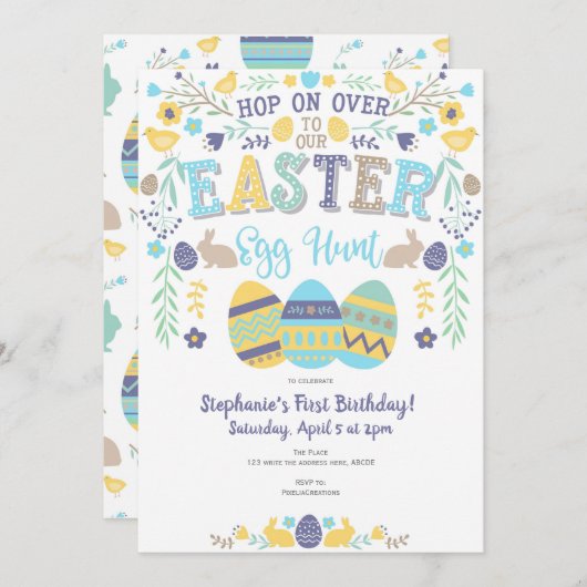 Ostereierjagd, Frühling, Sonne, Mädchen Geburtstag Einladung (Vorne/Hinten)