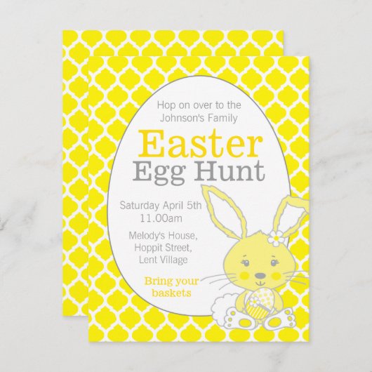 Ostereierjagd Gelbe graue Hasen Einladungen (Vorne/Hinten)
