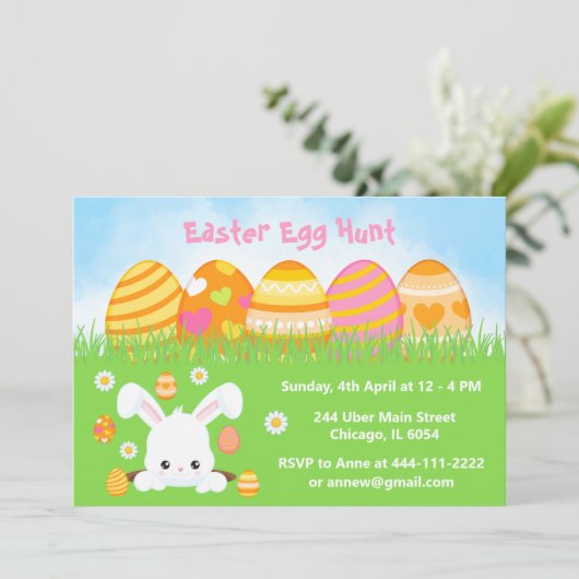 Ostereierjagd in Gelb, Orange und Rosa Einladung (Stehend Vorderseite)