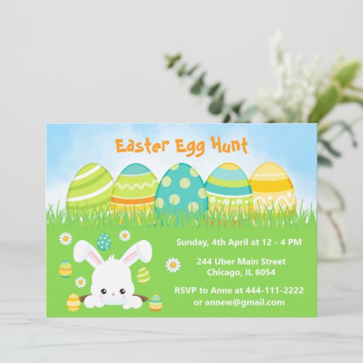 Ostereierjagd in Grün und Gelb Einladung (Stehend Vorderseite)