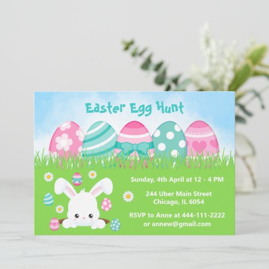 Ostereierjagd in Rosa und Türkisblau Einladung (Stehend Vorderseite)