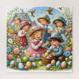 Ostereierjagd: Kinder, Blüten und farbenfrohe Eier Puzzle