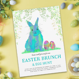Ostereierjagd und Brunch Blauer Hase Einladungspostkarte