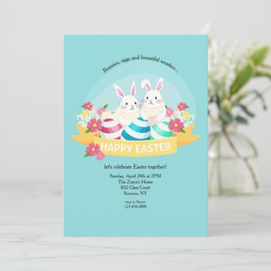 Ostereinladung von Bunnies und Eiern Einladung (Stehend Vorderseite)