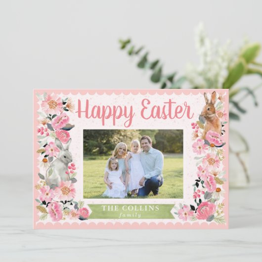 Osterfamilie mit Bunny Floral Pink Card Foto Dankeskarte (Stehend Vorderseite)
