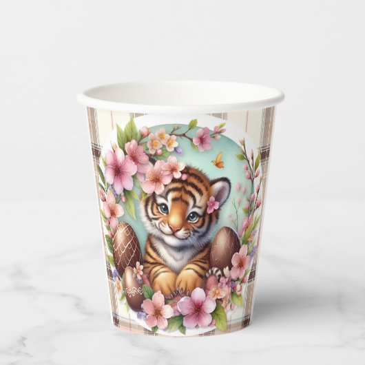 Osterfarben Kariert Floral Baby Tiger Pappbecher (Vorderseite)