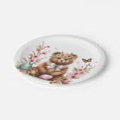 Osterfarbene Braunbäreier und Blume - Pappteller (Schrägansicht)